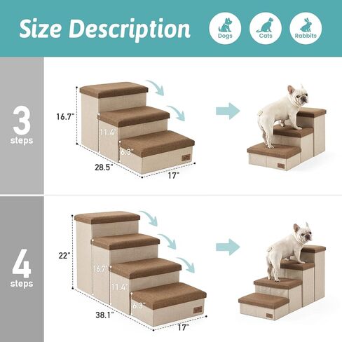 Dog Stairs with Storage, 3-Step Wider Sturdy Dog Steps for Small/Medium/Large Dogs and Older Cats, Folding Doggie Ramp for Bed/Couch/Car Hold Up to 210 lbs (16.7" H, Brown) in Saudi Arabia