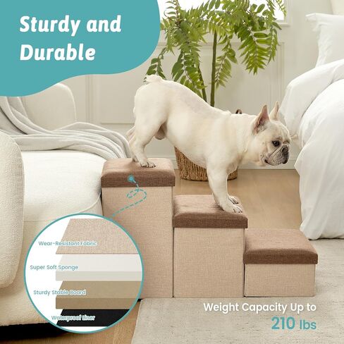 Dog Stairs with Storage, 3-Step Wider Sturdy Dog Steps for Small/Medium/Large Dogs and Older Cats, Folding Doggie Ramp for Bed/Couch/Car Hold Up to 210 lbs (16.7" H, Brown) in Saudi Arabia