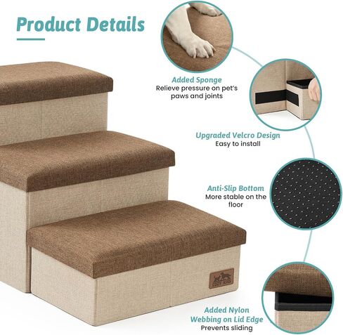 Dog Stairs with Storage, 3-Step Wider Sturdy Dog Steps for Small/Medium/Large Dogs and Older Cats, Folding Doggie Ramp for Bed/Couch/Car Hold Up to 210 lbs (16.7" H, Brown) in Saudi Arabia