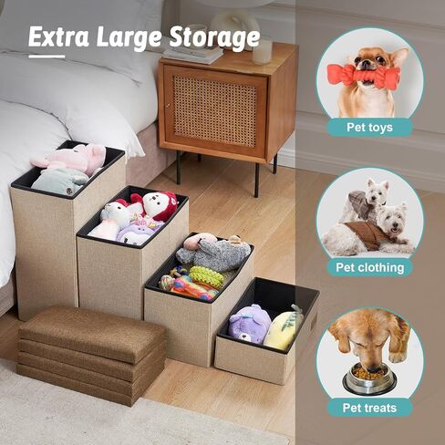 Dog Stairs with Storage, 3-Step Wider Sturdy Dog Steps for Small/Medium/Large Dogs and Older Cats, Folding Doggie Ramp for Bed/Couch/Car Hold Up to 210 lbs (16.7" H, Brown) in Saudi Arabia