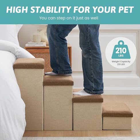 Dog Stairs with Storage, 3-Step Wider Sturdy Dog Steps for Small/Medium/Large Dogs and Older Cats, Folding Doggie Ramp for Bed/Couch/Car Hold Up to 210 lbs (16.7" H, Brown) in Saudi Arabia