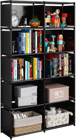 JIUYOTREE 6-Tiers Portable Bookshelf with Fabric Cloth at Back, 10 Cube Closet Storage Organizer Bookcase, Living Room,Study Room,Bedroom, Black in Saudi Arabia