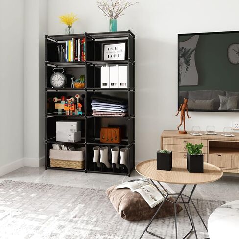 JIUYOTREE 6-Tiers Portable Bookshelf with Fabric Cloth at Back, 10 Cube Closet Storage Organizer Bookcase, Living Room,Study Room,Bedroom, Black in Saudi Arabia