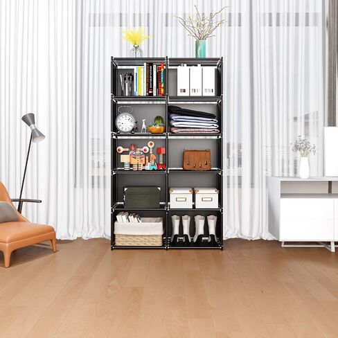 JIUYOTREE 6-Tiers Portable Bookshelf with Fabric Cloth at Back, 10 Cube Closet Storage Organizer Bookcase, Living Room,Study Room,Bedroom, Black in Saudi Arabia