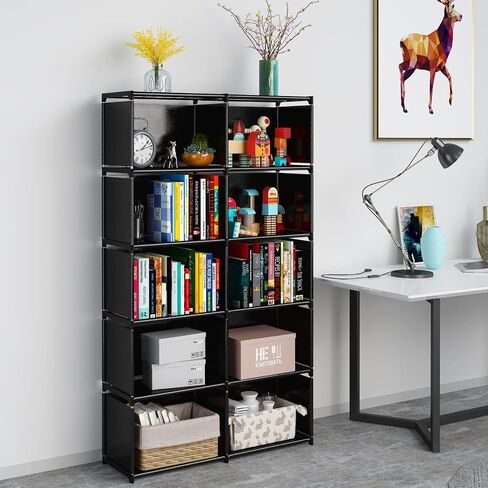 JIUYOTREE 6-Tiers Portable Bookshelf with Fabric Cloth at Back, 10 Cube Closet Storage Organizer Bookcase, Living Room,Study Room,Bedroom, Black in Saudi Arabia