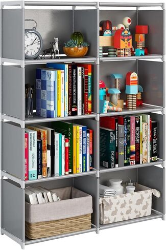 JIUYOTREE 6-Tiers Portable Bookshelf with Fabric Cloth at Back, 10 Cube Closet Storage Organizer Bookcase, Living Room,Study Room,Bedroom, Black in Kuwait