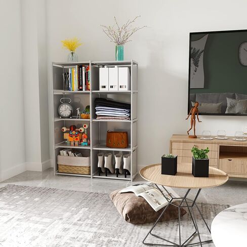 JIUYOTREE 6-Tiers Portable Bookshelf with Fabric Cloth at Back, 10 Cube Closet Storage Organizer Bookcase, Living Room,Study Room,Bedroom, Black in Kuwait