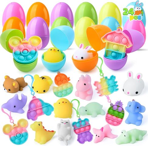 JOYIN 24 PCS Prefilled Easter Eggs with Assorted Toys，Filled with Mochi Squishy Toys and Pop Bubble Fidget Keychains,Stress Reliever Toys for Easter Basket Stuffers, Party Favors, Easter Egg Hunt in Saudi Arabia
