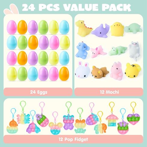 JOYIN 24 PCS Prefilled Easter Eggs with Assorted Toys，Filled with Mochi Squishy Toys and Pop Bubble Fidget Keychains,Stress Reliever Toys for Easter Basket Stuffers, Party Favors, Easter Egg Hunt in Saudi Arabia