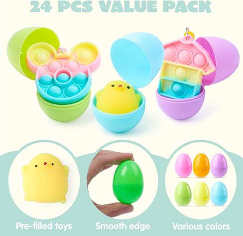 JOYIN 24 PCS Prefilled Easter Eggs with Assorted Toys，Filled with Mochi Squishy Toys and Pop Bubble Fidget Keychains,Stress Reliever Toys for Easter Basket Stuffers, Party Favors, Easter Egg Hunt in Saudi Arabia