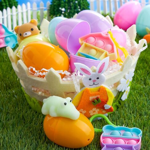 JOYIN 24 PCS Prefilled Easter Eggs with Assorted Toys，Filled with Mochi Squishy Toys and Pop Bubble Fidget Keychains,Stress Reliever Toys for Easter Basket Stuffers, Party Favors, Easter Egg Hunt in Saudi Arabia