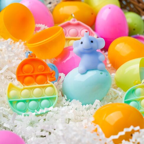 JOYIN 24 PCS Prefilled Easter Eggs with Assorted Toys，Filled with Mochi Squishy Toys and Pop Bubble Fidget Keychains,Stress Reliever Toys for Easter Basket Stuffers, Party Favors, Easter Egg Hunt in Saudi Arabia
