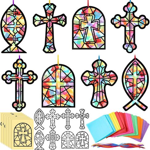 Eersida 32 Sets Easter Egg Crafts Kit, Easter Tissue Paper Suncatcher Bulk Stained Glass Effect, Spring Window Art DIY Paper Craft for Classroom Home Activities Party Decorations Gift in Saudi Arabia