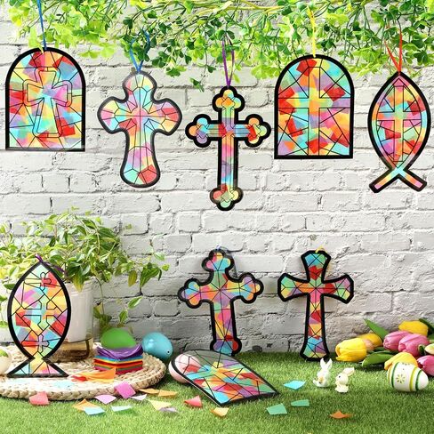 Eersida 32 Sets Easter Egg Crafts Kit, Easter Tissue Paper Suncatcher Bulk Stained Glass Effect, Spring Window Art DIY Paper Craft for Classroom Home Activities Party Decorations Gift in Saudi Arabia