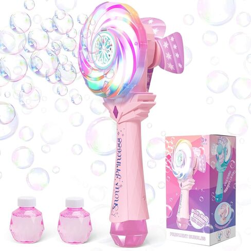 Bubble Wands for Kids Age 4-8: Windmill Light Up Automatic Bubble Machine Rechargeable With 2 Bubble Solution Outdoor Party Birthday Toys for Toddlers, Gift for 3 4 5 6 7 8 Year Old Girls, Pink in Kuwait