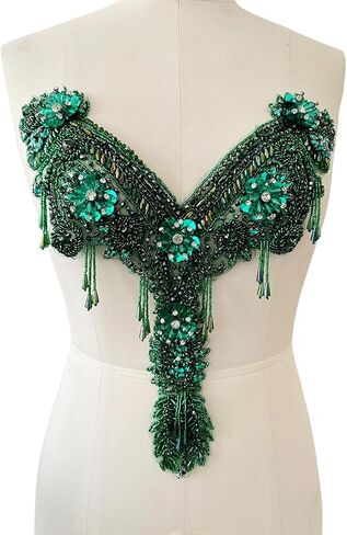 Handmade Rhinestone Fringe Patch Trim Crystal Fringe Chain Beaded Applique for Sewing Crafts Wedding Party Decoration Bridal Dress Accessories 12.5X12.9inches (Black) in Saudi Arabia
