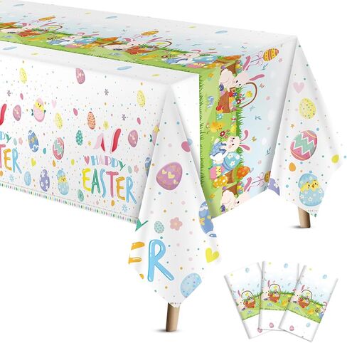 3 Pcs Easter Tablecloth 54 x 108 Inch Spring Easter Table Cover Disposable Plastic Tablecloths Rectangle Bunny Egg Table Cloth for Indoor Outdoor Birthday Baby Shower Party Supplies in Saudi Arabia