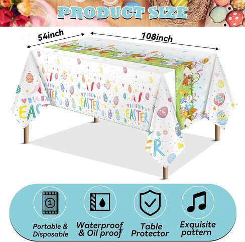 3 Pcs Easter Tablecloth 54 x 108 Inch Spring Easter Table Cover Disposable Plastic Tablecloths Rectangle Bunny Egg Table Cloth for Indoor Outdoor Birthday Baby Shower Party Supplies in Saudi Arabia