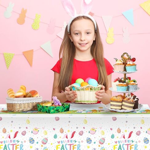 3 Pcs Easter Tablecloth 54 x 108 Inch Spring Easter Table Cover Disposable Plastic Tablecloths Rectangle Bunny Egg Table Cloth for Indoor Outdoor Birthday Baby Shower Party Supplies in Saudi Arabia