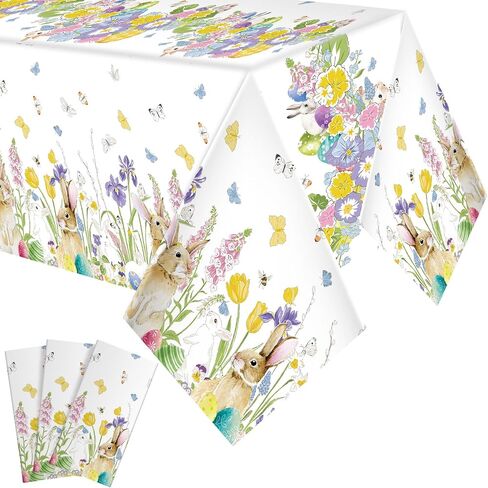 3 Pcs Easter Tablecloth 54 x 108 Inch Spring Easter Table Cover Disposable Plastic Tablecloths Rectangle Bunny Egg Table Cloth for Indoor Outdoor Birthday Baby Shower Party Supplies in Saudi Arabia