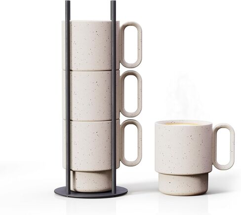 Stackable Coffee Mug Set with Black Stand - 4x10oz Ceramic Mugs with Unique Sprinkled Optics - Powder Coated Metal Rack - Dishwasher-Safe - Microwave & Oven - Scandinavian Minimal Design in Kuwait
