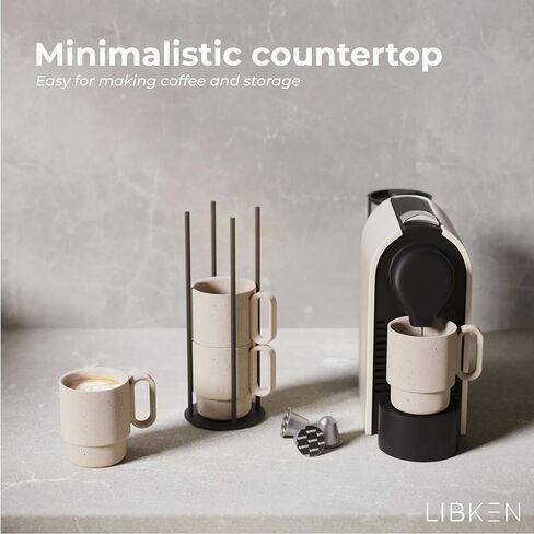 Stackable Coffee Mug Set with Black Stand - 4x10oz Ceramic Mugs with Unique Sprinkled Optics - Powder Coated Metal Rack - Dishwasher-Safe - Microwave & Oven - Scandinavian Minimal Design in Kuwait