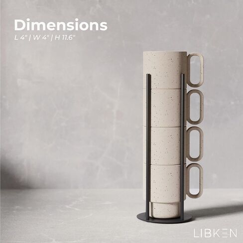 Stackable Coffee Mug Set with Black Stand - 4x10oz Ceramic Mugs with Unique Sprinkled Optics - Powder Coated Metal Rack - Dishwasher-Safe - Microwave & Oven - Scandinavian Minimal Design in Kuwait