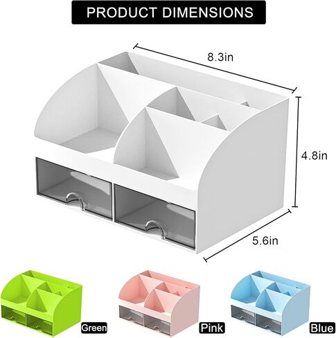 Desk Organizer with 6 Compartments and 2 Drawers, Plastic Makeup Organizer, Pen Holder for Desktop Storage, Desk Organization for School, Home, Office Supplies (White) in Saudi Arabia