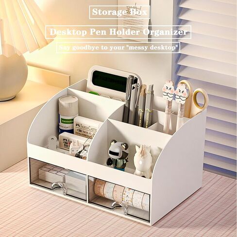 Desk Organizer with 6 Compartments and 2 Drawers, Plastic Makeup Organizer, Pen Holder for Desktop Storage, Desk Organization for School, Home, Office Supplies (White) in Saudi Arabia