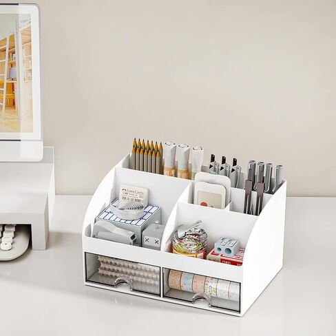 Desk Organizer with 6 Compartments and 2 Drawers, Plastic Makeup Organizer, Pen Holder for Desktop Storage, Desk Organization for School, Home, Office Supplies (White) in Saudi Arabia