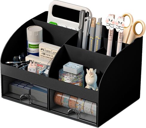 Desk Organizer with 6 Compartments and 2 Drawers, Plastic Makeup Organizer, Pen Holder for Desktop Storage, Desk Organization for School, Home, Office Supplies (White) in Saudi Arabia