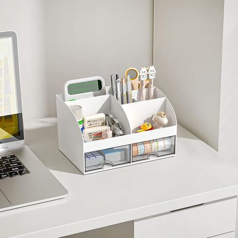 Desk Organizer with 6 Compartments and 2 Drawers, Plastic Makeup Organizer, Pen Holder for Desktop Storage, Desk Organization for School, Home, Office Supplies (White) in Saudi Arabia