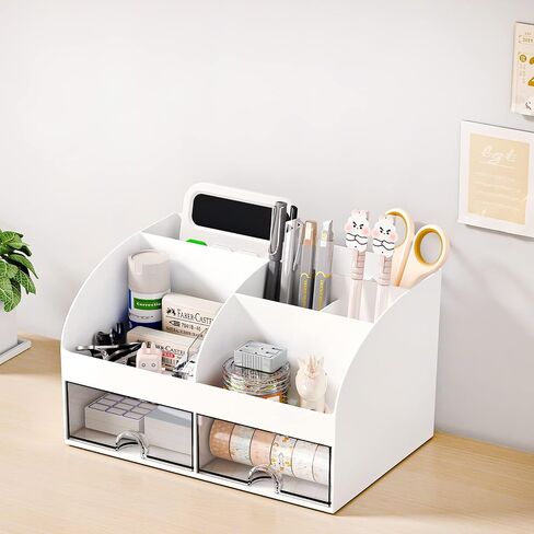 Desk Organizer with 6 Compartments and 2 Drawers, Plastic Makeup Organizer, Pen Holder for Desktop Storage, Desk Organization for School, Home, Office Supplies (White) in Saudi Arabia
