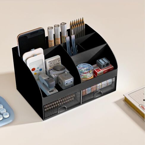 Desk Organizer with 6 Compartments and 2 Drawers, Plastic Makeup Organizer, Pen Holder for Desktop Storage, Desk Organization for School, Home, Office Supplies (White) in Saudi Arabia