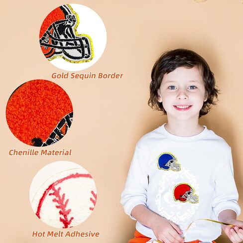 Jongdari 20pcs Sports Chenille Patches Iron On Patches Bulk for Hats Backpacks Clothes, Baseball Football Softball Basketball Soccer Patch for Heat Press with Gold Edges for Kids Boys Girls Adults in Saudi Arabia