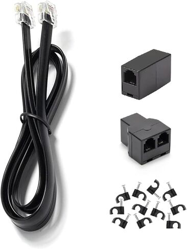 Long Telephone Extension Cord 20FT, Black, Phone Cable Line Wire with Standard RJ11 Plug, 1 Phone Line Splitter, 1 in-line Coupler and 15 Cable Clip Holders for Telephone Calling Communication in Saudi Arabia