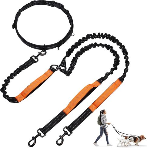 Hands Free Dog Leash for 2 Dogs, Waist Leash with Double Bungees Shock Absorbing, Dog Leash Waist Belt Adjustable with 3 Padded Handles for Walking Jogging Hiking, Reflective Knitted, Black in Saudi Arabia