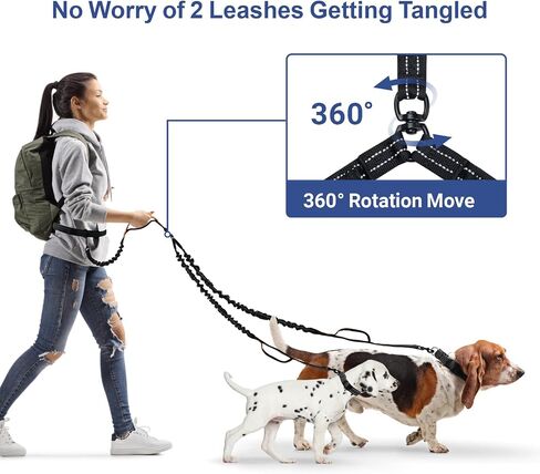 Hands Free Dog Leash for 2 Dogs, Waist Leash with Double Bungees Shock Absorbing, Dog Leash Waist Belt Adjustable with 3 Padded Handles for Walking Jogging Hiking, Reflective Knitted, Black in Saudi Arabia