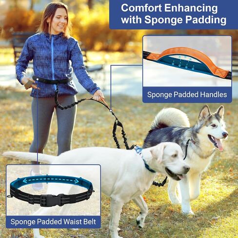 Hands Free Dog Leash for 2 Dogs, Waist Leash with Double Bungees Shock Absorbing, Dog Leash Waist Belt Adjustable with 3 Padded Handles for Walking Jogging Hiking, Reflective Knitted, Black in Saudi Arabia