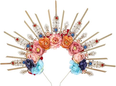 Fantasy Flower Halo Crown - Handmade Fairy Blue Roses Headpiece Crystal Greek Goddess Tiara Gold Spiked Sunburst Headband for Women Renaissance Halloween Elf Cosplay Bride in Saudi Arabia