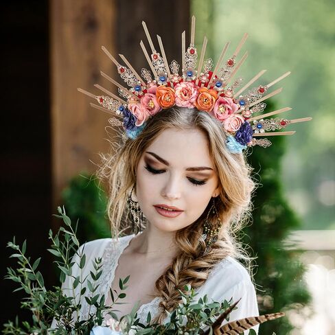 Fantasy Flower Halo Crown - Handmade Fairy Blue Roses Headpiece Crystal Greek Goddess Tiara Gold Spiked Sunburst Headband for Women Renaissance Halloween Elf Cosplay Bride in Saudi Arabia