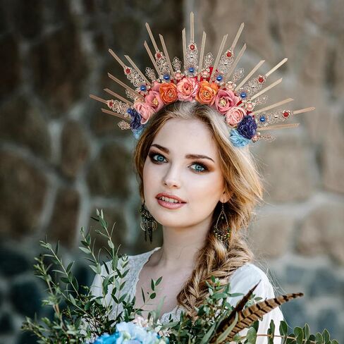 Fantasy Flower Halo Crown - Handmade Fairy Blue Roses Headpiece Crystal Greek Goddess Tiara Gold Spiked Sunburst Headband for Women Renaissance Halloween Elf Cosplay Bride in Saudi Arabia