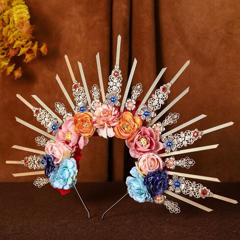 Fantasy Flower Halo Crown - Handmade Fairy Blue Roses Headpiece Crystal Greek Goddess Tiara Gold Spiked Sunburst Headband for Women Renaissance Halloween Elf Cosplay Bride in Saudi Arabia