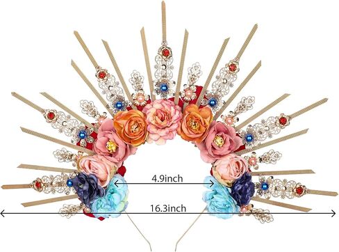 Fantasy Flower Halo Crown - Handmade Fairy Blue Roses Headpiece Crystal Greek Goddess Tiara Gold Spiked Sunburst Headband for Women Renaissance Halloween Elf Cosplay Bride in Saudi Arabia