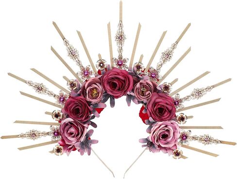 Fantasy Flower Halo Crown - Handmade Fairy Blue Roses Headpiece Crystal Greek Goddess Tiara Gold Spiked Sunburst Headband for Women Renaissance Halloween Elf Cosplay Bride in Saudi Arabia
