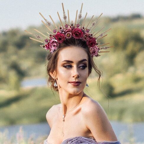 Fantasy Flower Halo Crown - Handmade Fairy Blue Roses Headpiece Crystal Greek Goddess Tiara Gold Spiked Sunburst Headband for Women Renaissance Halloween Elf Cosplay Bride in Saudi Arabia
