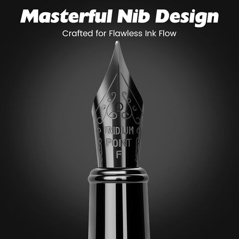 Fountain Pen with Fine Nib - Modern Black Metal Design with Intricate Knurled Grip, Smooth and Skip-Free Writing, Includes Ink Cartridges, Converter, and Protective Sleeve in Saudi Arabia