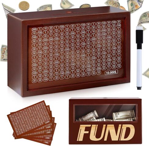 MHJY Money Saving Box Wooden Money Box for Cash 10000 Savings Challenge Box Coin Bank Cash Savings Box with Money Target for Kids Adult,Light Brown in Saudi Arabia