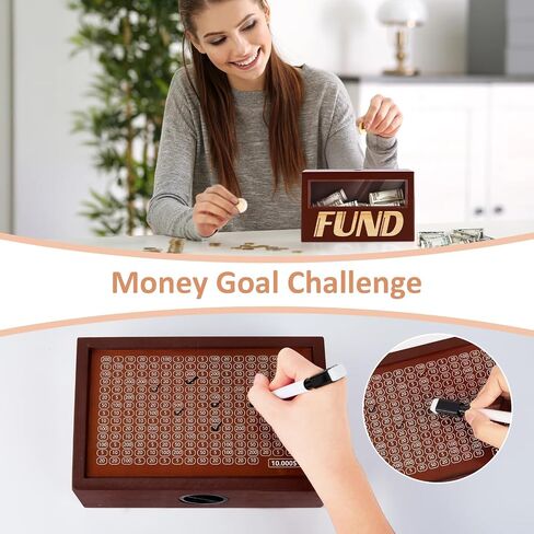 MHJY Money Saving Box Wooden Money Box for Cash 10000 Savings Challenge Box Coin Bank Cash Savings Box with Money Target for Kids Adult,Light Brown in Saudi Arabia