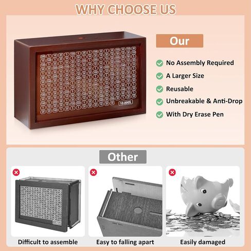 MHJY Money Saving Box Wooden Money Box for Cash 10000 Savings Challenge Box Coin Bank Cash Savings Box with Money Target for Kids Adult,Light Brown in Saudi Arabia